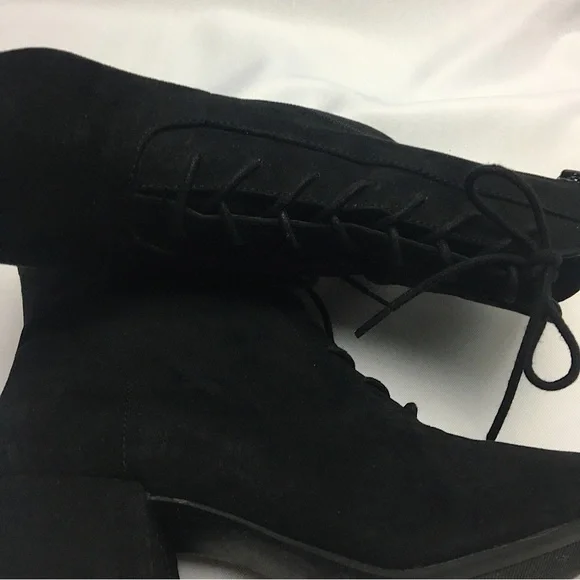 BLACK FAUX SUEDE STACKED HEEL BOOTS - Picture 10 of 15